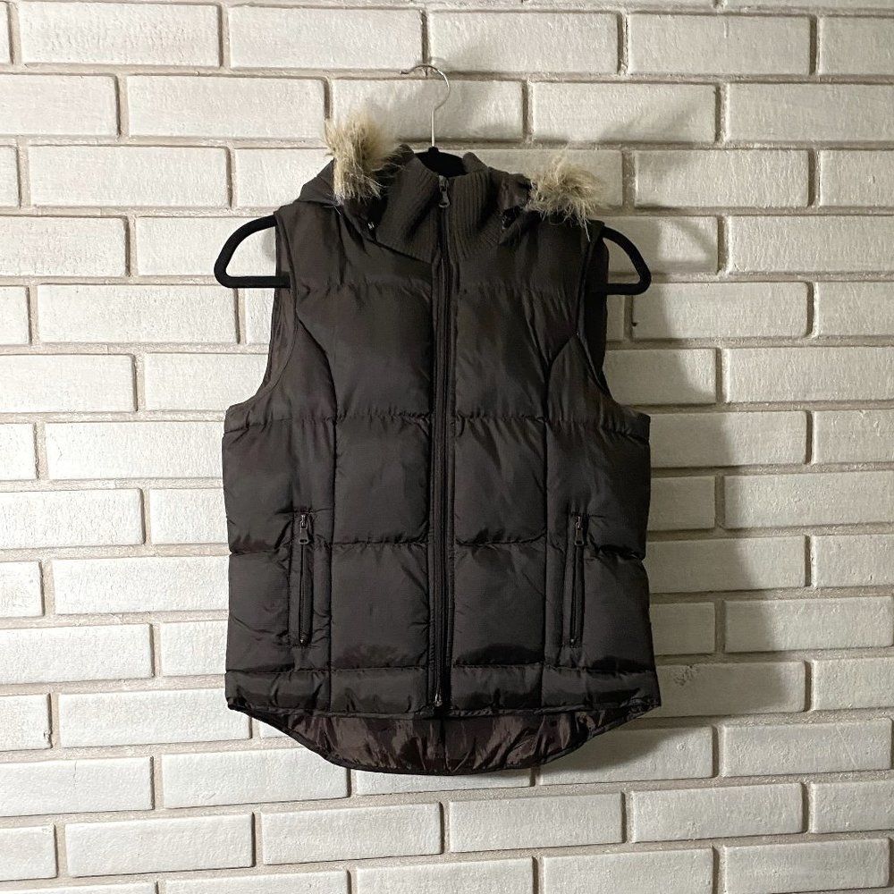 Brown Puffy Winter Vest with Furry Hood